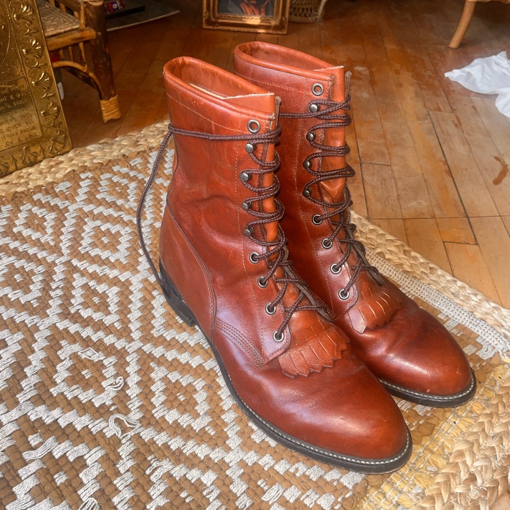 VTG Justin Leather LaceUp Roper Boots Kiltie Cognac Women 9.5 Men 8 Western boho